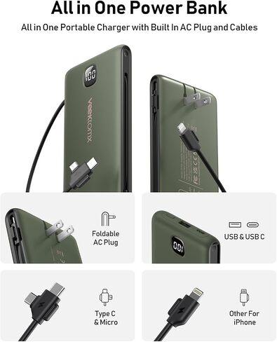 شاحن محمول باور بانك مدمج بالكابلات ومقبس حائط، حزمة بطارية iPhone 10000 مللي أمبير في الساعة شحن سريع، بنك طاقة خارجي USB C نحيف، أساسيات السفر متوافقة مع iPhone 16 15 14 13 Samsung iPad in Kuwait