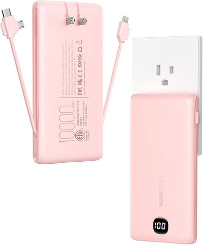 Portable Charger Power Bank Built in Cables and Wall Plug, 10000mAh iPhone Battery Pack Fast Charging, USB C External Slim Power Bank, Travel Essentials Compatible with iPhone 16 15 14 13 Samsung iPad in Saudi Arabia