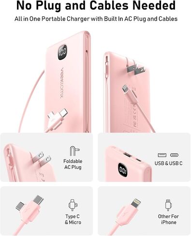 Portable Charger Power Bank Built in Cables and Wall Plug, 10000mAh iPhone Battery Pack Fast Charging, USB C External Slim Power Bank, Travel Essentials Compatible with iPhone 16 15 14 13 Samsung iPad in Saudi Arabia