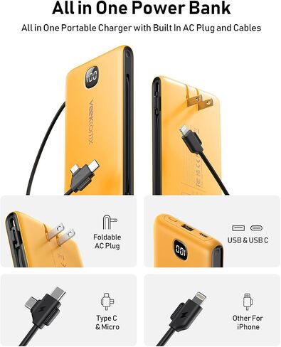 Portable Charger Power Bank Built in Cables and Wall Plug, 10000mAh iPhone Battery Pack Fast Charging, USB C External Slim Power Bank, Travel Essentials Compatible with iPhone 16 15 14 13 Samsung iPad in Saudi Arabia