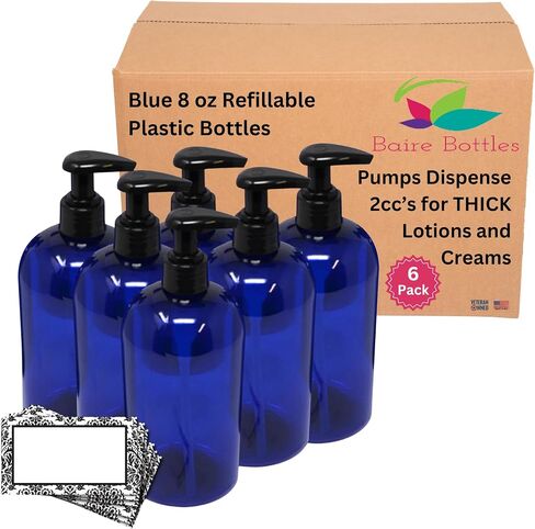 8 oz Empty Refillable Plastic Bottles with Pump - Soap, Shower, Lotion, Massage Oil, Travel - 6 Pack, Waterproof Labels, PET BPA Free, USA (Amber/Brown with Black Pumps, Damask Labels) in Saudi Arabia