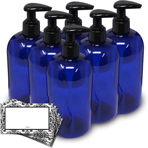 8 oz Empty Refillable Plastic Bottles with Pump - Soap, Shower, Lotion, Massage Oil, Travel - 6 Pack, Waterproof Labels, PET BPA Free, USA (Amber/Brown with Black Pumps, Damask Labels) in Saudi Arabia