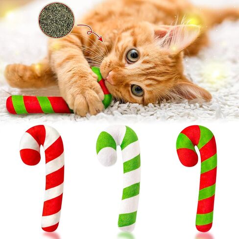 MALLMALL6 3Pcs Christmas Candy Cane Catnip Toys Gift for Cat, Indoor Cat Chew Bite Kick Plush Catmint Pet Toys Supplies for Cat Lover Xmas Gifts, Cute Interactive Cat Toy for Pet Presents (Tricolor) in Kuwait