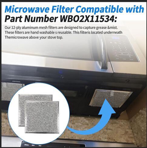 WB02X11534 بدائل مرشح الشحوم الميكروويف لشركة GE لفرن الميكروويف تدابير مرشح الشحوم الألومنيوم 12 طبقة لاستبدال مرشح الميكروويف GE 2-حزمة مرشحات شبكة الألومنيوم الميكروويف in Kuwait