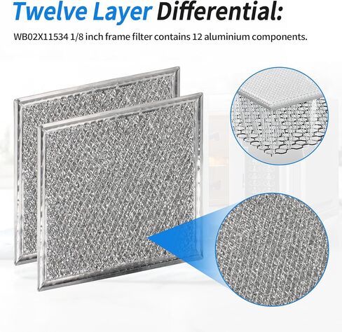 WB02X11534 بدائل مرشح الشحوم الميكروويف لشركة GE لفرن الميكروويف تدابير مرشح الشحوم الألومنيوم 12 طبقة لاستبدال مرشح الميكروويف GE 2-حزمة مرشحات شبكة الألومنيوم الميكروويف in Kuwait