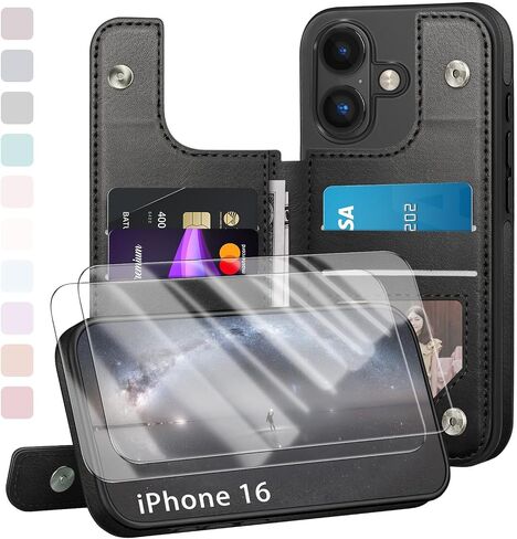متوافق مع محفظة iPhone 16، حافظة حامل البطاقات مع [واقيان للشاشة] غطاء فوليو مع [جلد يحجب RFID] حافظات رجالية مقاومة للصدمات مقاس 6.1 بوصة لهاتف Apple 16 بني فاتح in Kuwait