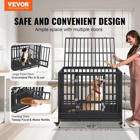 VEVOR 47 "قفص للكلاب الثقيلة قفص كبير للكلاب بيوت الكلاب المعدنية وصناديق للكلاب الكبيرة في الأماكن المغلقة في الهواء الطلق مع أقفال وعجلات قابلة للقفل وصينية قابلة للإزالة، سهلة التركيب، أسود in Saudi Arabia