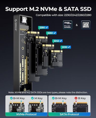 ORICO M.2 NVMe SSD Enclosure, USB 3.1 Gen 2 (10 Gbps) to NVMe PCI-E M.2 SSD Case Support UASP for NVMe SSD Size 2230/2242/2260/2280(up to 4TB)-M2PV in Kuwait