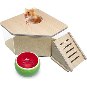 PINVNBY Hamster Sand Bath Box Wooden Shower House Chinchilla Digging Sand Bathtub with Climbing Ladder Bowl for Dwarf Syrian Mice Mouse Gerbils and Other Small Animals