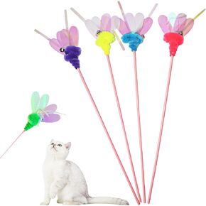 Cat Wands, 4 PCS Shiny Insect Cat Toys Interactive Cat Teaser Wands Cat Sticks with Bell for Cat and Kitten