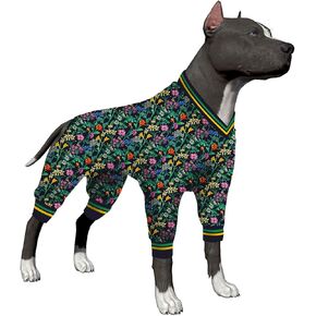 LovinPet Dog Jumpsuit, Post Operative Protection Dog Pajamas, Coverage Dog Jumpsuit, Lightweight Pretty Sweet Focal Flowers Black Prints as Dog Sweater Bottoming for Dogs Apparel XXL
