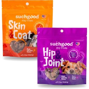 SuchGood Hip and Joint + Skin and Coat Dog Treats - Support Chews for All Breed Sizes and Ages, Glucosamine and Chondroitin + Salmon and Flaxseed Oil (Chicken Flavor, 2 Packs)