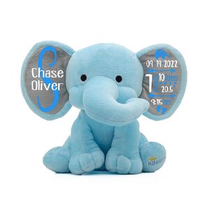 Personalized Elephant Stuffed Animal - Custom Birth Stats Announcement Stuff Elephant Animals for Babies, Baby Shower, Boy, Girl, Newborn, Customized Keepsake Plush Bear Gifts, Blue 9 Inches