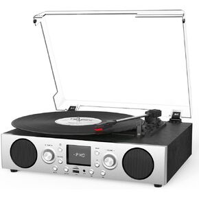 مشغل تسجيل VinylsLink مع مكبرات صوت مدمجة، قرص دوار يعمل بالحزام يدعم 3 سرعات، راديو FM واستقبال بلوتوث، مخرج خط RCA ومدخل AUX، تسجيل USB وإيقاف تلقائي، فضي أسود