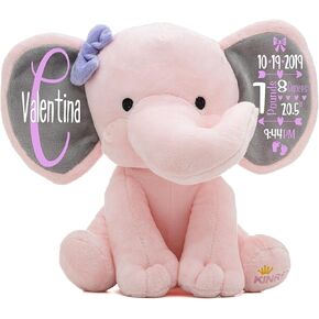 Personalized Elephant Stuffed Animal - Custom Birth Stats Announcement Stuff Elephants Animals for Babies, Baby Shower, Boy, Girl, Newborn, Customized Keepsake Plush Bear Gifts, Pink 9 Inches