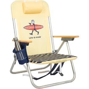 Life is Good 4-Position Backpack Aluminum Beach Chair with Pillow and Cup Holder, Yellow and Navy Blue