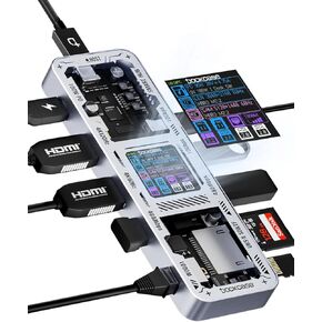 DOCKCASE Explorer Edition 10-in-1 USB C Hub, Dual 4K HDMI Docking Station for 2 Monitor, Gigabit Ethernet,1 USB-C and 3 USB-A Ports,100w PD, UHS-II TF/SD Card Reader for MacBook Pro, XPS, and More