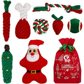 8 Pieces Christmas Dog Chew Toys, Santa Puppy Teething Chew Toys with Adorable Squeaky Toys, Training Ball, Puppy Rope Toys, Christmas Storage Bag