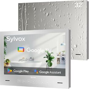 SYLVOX 32 inch Bathroom TV, 1080P Smart Mirror TV Google System NTSC & ATSC Tuner Support WiFi Bluetooth 500 nits High Brightness, IP66 Waterproof TV for Bathroom Bathtub Hotel Shower Spa (Embedded)