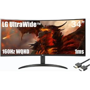 LG 34" monitor, 21:9 Curved UltraWide WQHD (3440x1440) ISP Display, sRGB 99% Color Gamut and HDR 10, 160Hz, 1ms, AMD FreeSync Premium and 3-Side Virtually Borderless Screen, Black, with MTC HDMI Cable