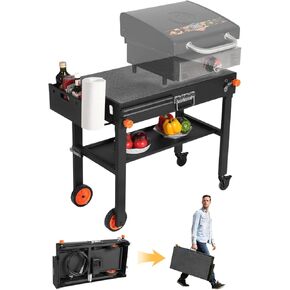 JiRiCHMi Universal Griddle Stand Portable Grill Table - Bbq Prep Table With Wheels And Seasoning Tray,Designed To Fit Tabletop Blackstone Griddle & Outdoor Pizza Oven Table,Folds Flat Quickly