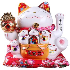7Inch Fortune Cat Japanese Beckoning cat Ceramic Waving Arm Cat for Shops, Restaurants, Living Room and Home Decoration
