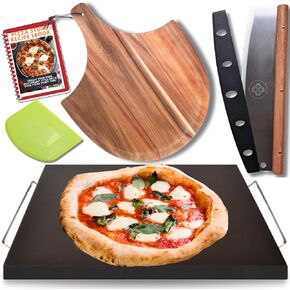 Ritual Life Pizza Stone for Oven and Grill with Wooden Pizza Peel Paddle & Pizza Cutter Set - Detachable Serving Handles - BBQ Grilling Accessories - Baking Supplies - 15 inch x 12 inch Large Stone