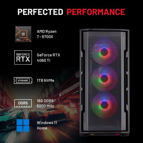 Skytech Rampage Gaming PC Desktop, Ryzen 7 9700X 3.8 GHz (5.5GHz Turbo Boost), NVIDIA RTX 4060 Ti 8GB GDDR6X, 1TB SSD, 16GB DDR5 RAM 5200, 750W Gold PSU, 360mm ARGB AIO, Wi-Fi, Win 11 Home in Saudi Arabia