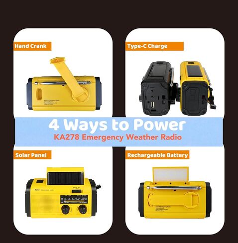 Kaito KA278 Emergency Radio – AM/FM NOAA Weather Radio and 4,000 mAh Power Bank Rechargeable with Solar Panel and Hand Crank (Yellow) in Saudi Arabia
