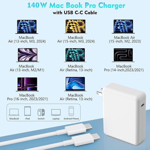 شاحن Macbook Pro Charge، 140 واط سريع Mac book Air/Pro مع كابل شاحن سريع 6FT USB C إلى C لأجهزة Apple MacBook Pro/MacBook Air 16 15 14 13 بوصة، M1 M2 M3، iPad Pro، Samsung Galaxy وجميع أجهزة USB C in Saudi Arabia