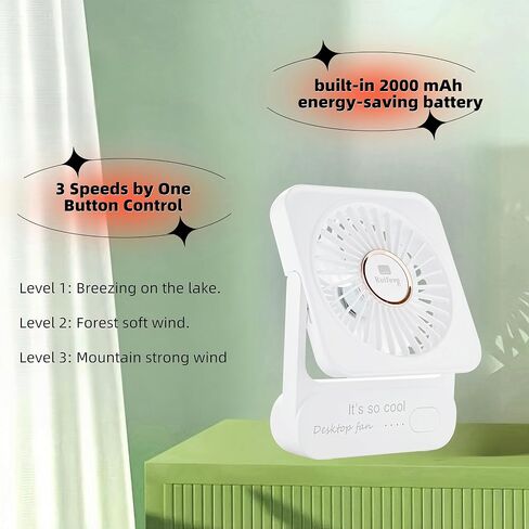 Desktop Fan A219 – Rechargeable, Ultra Quiet, 3-Speed Adjustable, 180° Rotation, Portable USB-C Fan with 2000mAh Battery – Perfect for Office, Home, and Camping - Green in Saudi Arabia