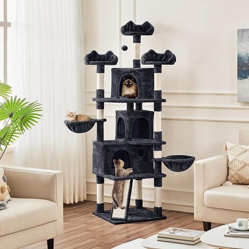 Yaheetech Large Cat Tree Tower for Large Cats, 76.5in Multi-Level Cat Tower with 3 Condos & Perches, 9 Scratching Posts and 2 Cat Baskets, Cat Climbing Tree for Indoor Cats, Dark Gray in Kuwait