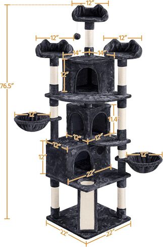 Yaheetech Large Cat Tree Tower for Large Cats, 76.5in Multi-Level Cat Tower with 3 Condos & Perches, 9 Scratching Posts and 2 Cat Baskets, Cat Climbing Tree for Indoor Cats, Dark Gray in Kuwait
