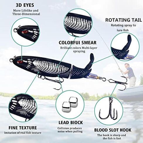 Topwater Fishing Lures With Storage Box, Whopper Popper for Bass, Catfish, Pike, Perch - Floating Pencil Bait With Rotating Tail for Freshwater or Saltwater in Kuwait
