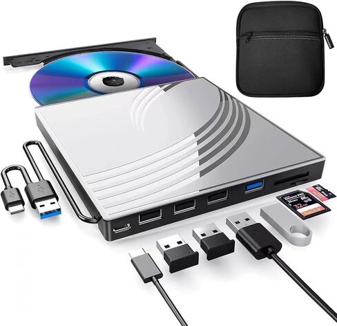External CD/DVD Drive for Laptop, Ultra Slim CD Burner USB 3.0 Hub with 4 USB Ports, 2 TF/SD Card Slots,1 Type-C Port,DVD Player for Laptop with Carrying Case Compatible mac OS/Windows/Linux in Saudi Arabia