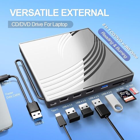 External CD/DVD Drive for Laptop, Ultra Slim CD Burner USB 3.0 Hub with 4 USB Ports, 2 TF/SD Card Slots,1 Type-C Port,DVD Player for Laptop with Carrying Case Compatible mac OS/Windows/Linux in Saudi Arabia