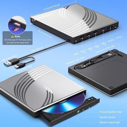 External CD/DVD Drive for Laptop, Ultra Slim CD Burner USB 3.0 Hub with 4 USB Ports, 2 TF/SD Card Slots,1 Type-C Port,DVD Player for Laptop with Carrying Case Compatible mac OS/Windows/Linux in Saudi Arabia