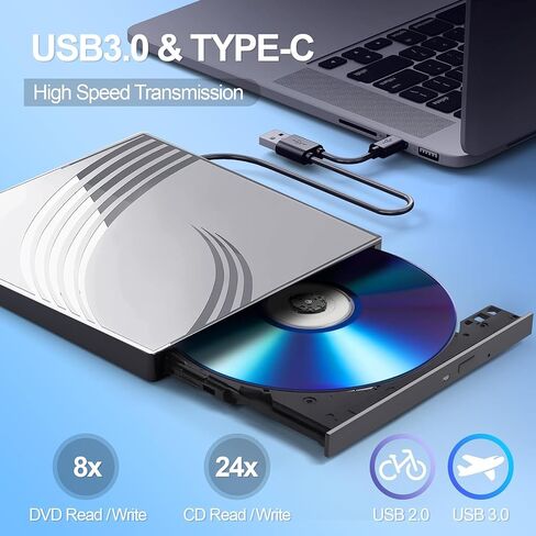 External CD/DVD Drive for Laptop, Ultra Slim CD Burner USB 3.0 Hub with 4 USB Ports, 2 TF/SD Card Slots,1 Type-C Port,DVD Player for Laptop with Carrying Case Compatible mac OS/Windows/Linux in Saudi Arabia