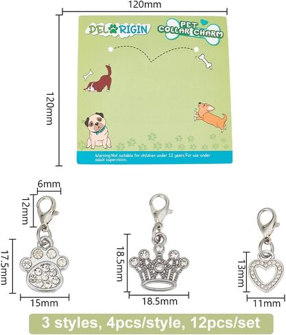 12pcs Cat Dog Charms Pendant 3 Styles Paw Heart Crown Pet Collar Pendants Alloy Rhinestone Key Chain Glitter with Carabiner Jewelry Clip-on Charms for Bag Necklace Bracelet Home Decor in Saudi Arabia