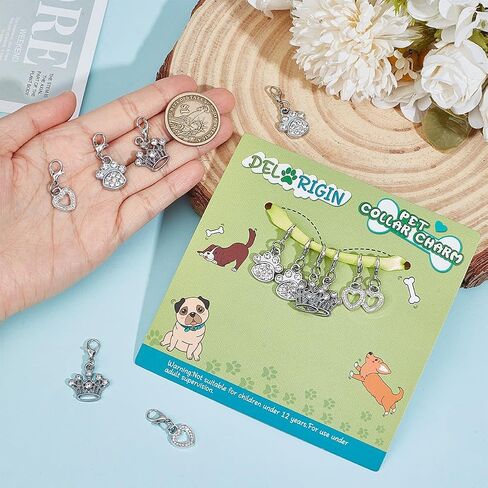12pcs Cat Dog Charms Pendant 3 Styles Paw Heart Crown Pet Collar Pendants Alloy Rhinestone Key Chain Glitter with Carabiner Jewelry Clip-on Charms for Bag Necklace Bracelet Home Decor in Saudi Arabia