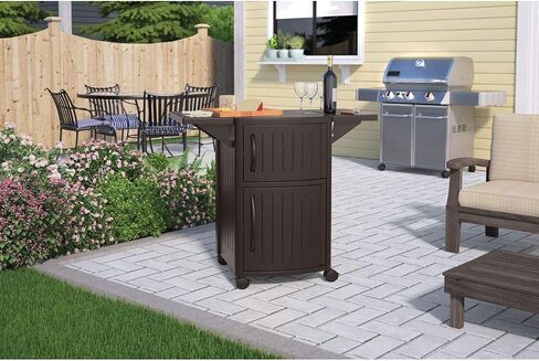 Suncast DCP2000 Portable Outdoor Patio Backyard Grilling Entertainment Serving Prep Station Table with Cabinet Storage and Drop Leaf Extensions, Beige in Saudi Arabia