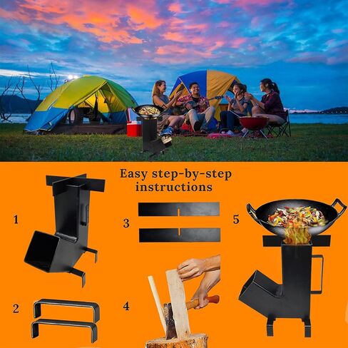 متجر سيموند - موقد صاروخي - موقد صاروخي للتخييم مع حقيبة حمل مجانية - موقد خشبي محمول للتخييم، طقم موقد صاروخي خشبي مع مواقد صاروخية كبيرة لغرفة الوقود لطهي حرق الخشب in Kuwait