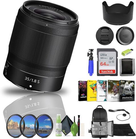 Nikon NIKKOR Z 35mm f/1.8 S Lens Z Cameras (20081) + 64GB Memory Card + Filter Kit + Backpack + Card Reader + Corel Photo Software + Flex Tripod + Cap Keeper + Cleaning Kit (Renewed) in Saudi Arabia