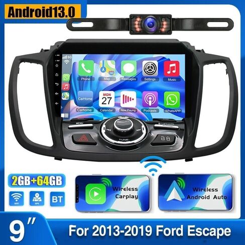 ستيريو سيارة Android 13.0 Double Din لسيارة Ford Escape 2013-2019، شاشة لمس عالية الدقة 9 بوصة، جهاز استقبال الوسائط المتعددة للسيارة مع CarPlay، Android Auto، GPS، بلوتوث، كاميرا احتياطية (4G+64G) in Saudi Arabia