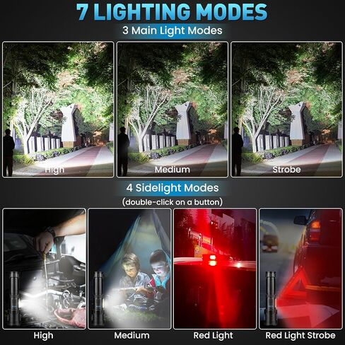 مصابيح LED قابلة لإعادة الشحن لومن عالي، 990,000 لومن مصباح يدوي فائق السطوع، 7 أوضاع مع ضوء COB، ضوء فلاش قوي مقاوم للماء IPX7، مصابيح يدوية متعددة الوظائف للتخييم في حالات الطوارئ المنزلية in Kuwait