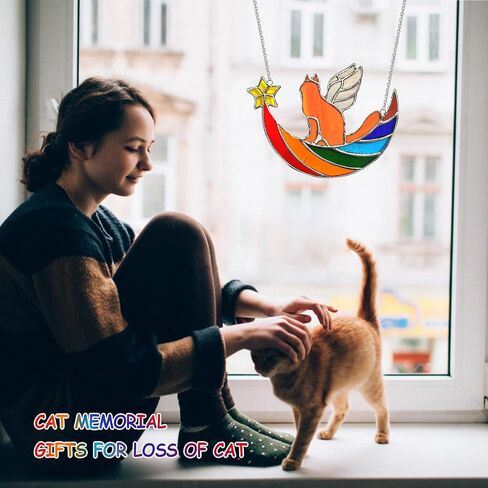 Cat Memorial Gifts for Loss of Cat，Orange Angel Cat on Rainbow Bridge pet memorial gifts, Stained Glass window Cat Gifts for Cat lovers,Loss of Cat Sympathy Gift Whimsigoth Home Decor in Saudi Arabia