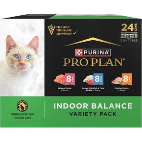 Purina Pro Plan Indoor Balance Chicken, Salmon, and Ocean Whitefish and Tuna Cat Food Wet Entrees Variety Pack - (Pack of 24) 3 oz. Cans