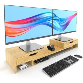 Monitor Stand with 2 Drawers for Desk, Bamboo Dual Monitor Riser, Desk Organizer, Monitor Shelf for Computer Laptop Printer, No Assembly Required, Natural