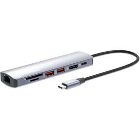 Manhattan 7 in 1 USB C Docking Station Hub –with 100W Power Delivery, 4k HDMI, 2 USB-A 3.2, 1 Gigabit RJ45 Port, SD & microSD Card Slot - Multiport Adapter–3 Yr Mfg Warranty- 153966