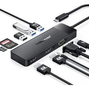 Lemorele USB C Docking Station 3 Monitors, 10- in-1 USB C Hub with 4K Dual HDMI, 1080P VGA, 3 USB3.0/2.0, TF/SD 2.0, 3.5mm Audio, 100W PD - Compatible with MacBook, HP, Dell, Lenovo, Surface